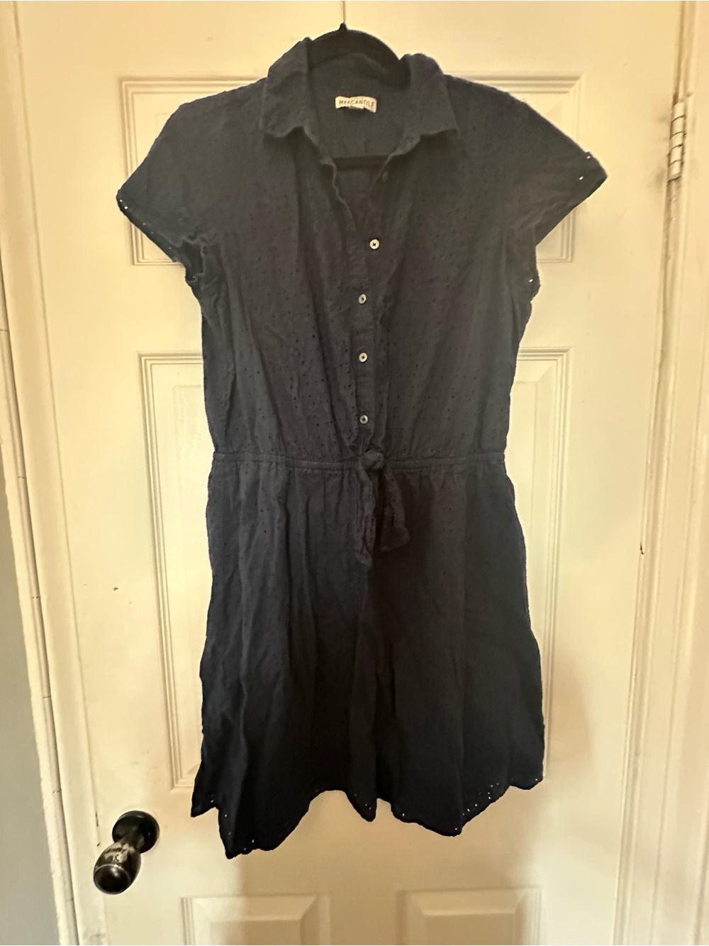 J. Crew Navy Eyelet Button-Front Tie-Waist Mini Dress
